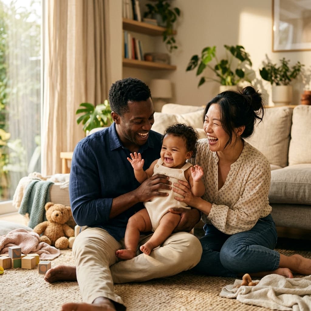 A loving diverse circle — a Black father and Asian mother — laughing and playing with their mixed-heritage baby in a sun-drenched living room.